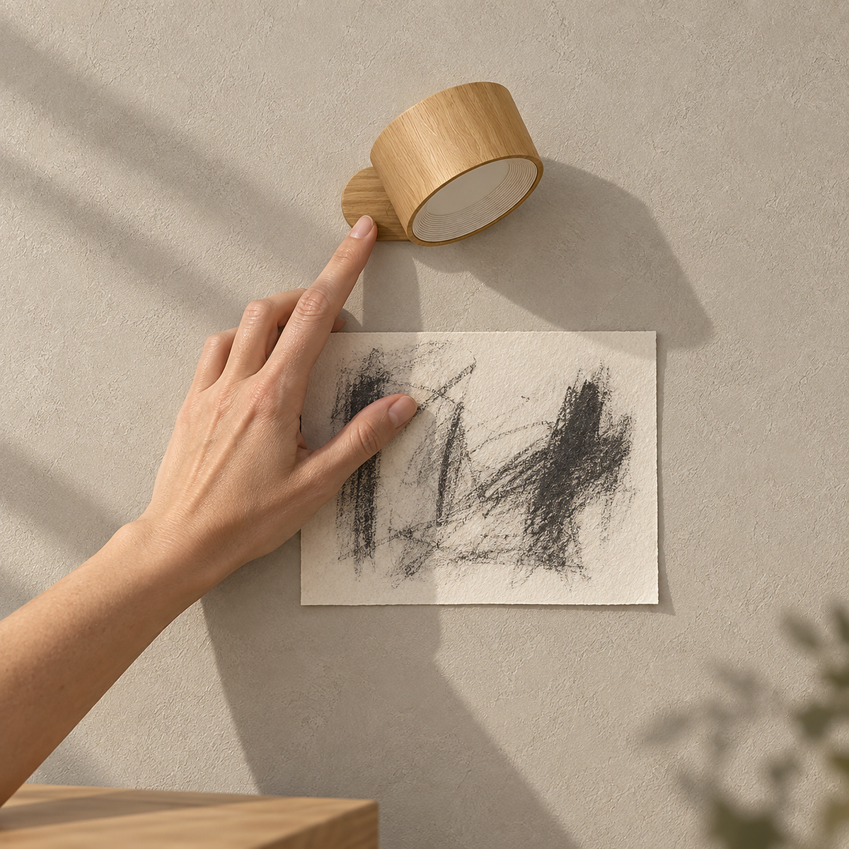 Caviloro battery operated wall sconce in wood effect unlit above a charcoal drawing on sunlit plaster