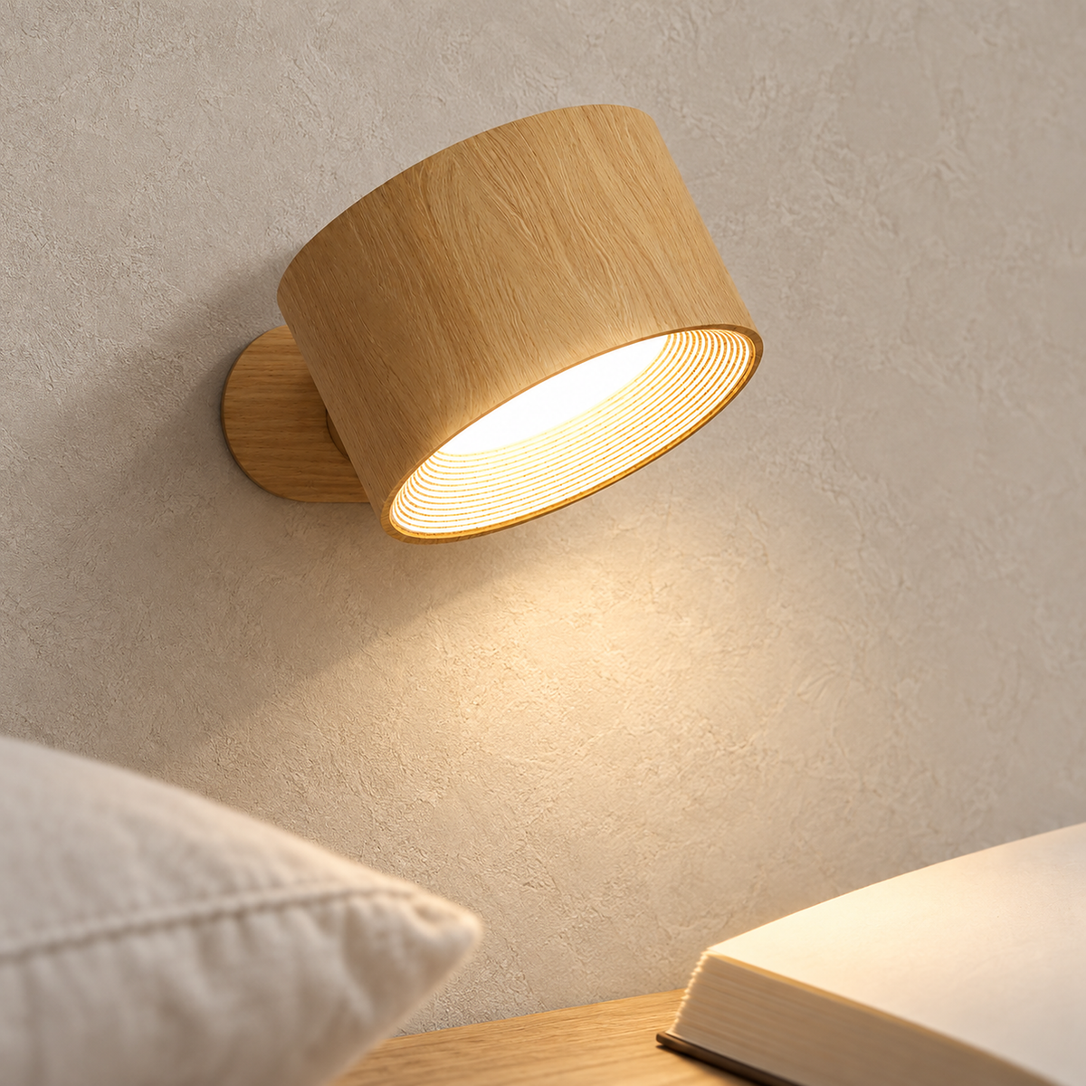 Caviloro bedside lamp in wood effect aimed toward a book on the narrow ledge below