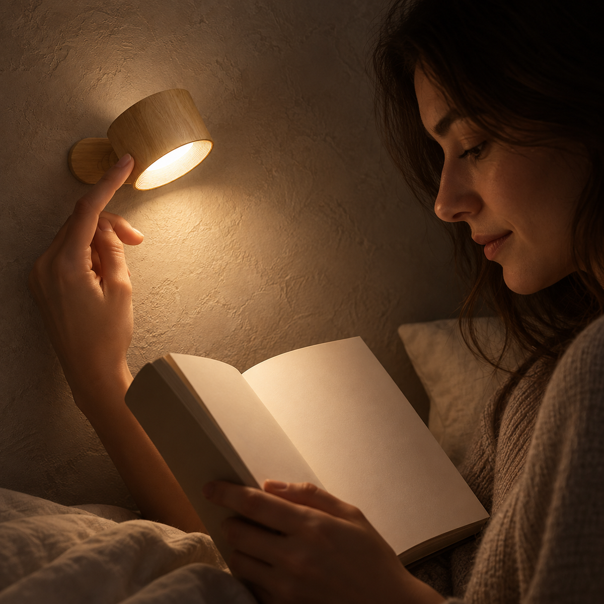Caviloro bedside lamp in wood effect lighting a reader's open book in the alcove at night