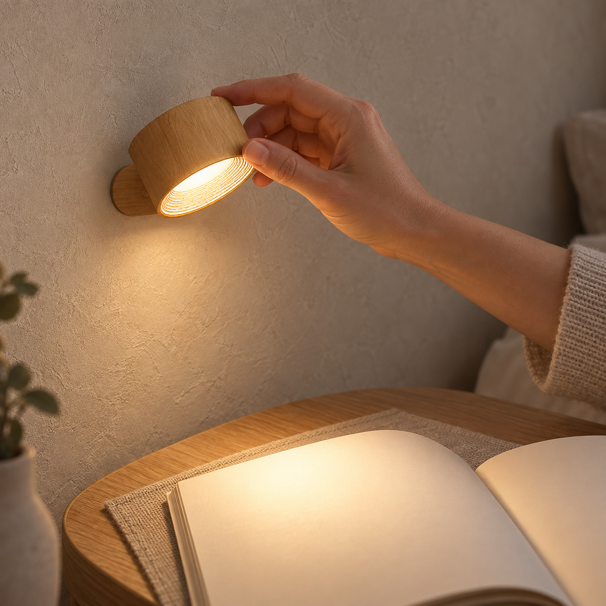 Caviloro cordless wall lamp in wood effect angled onto an open book at a table corner