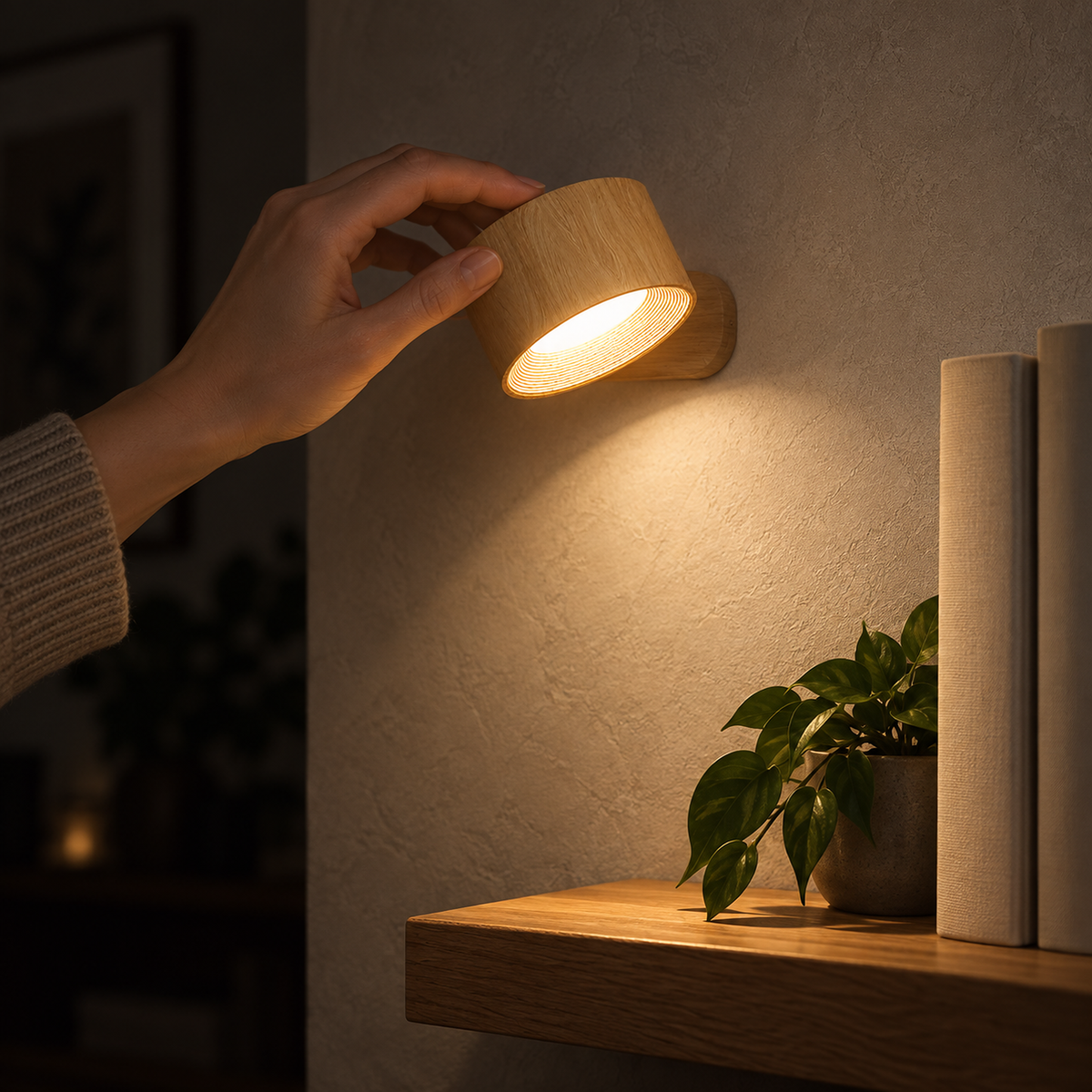 Caviloro cordless wall lamp in wood effect lighting book spines at a shelf end at night
