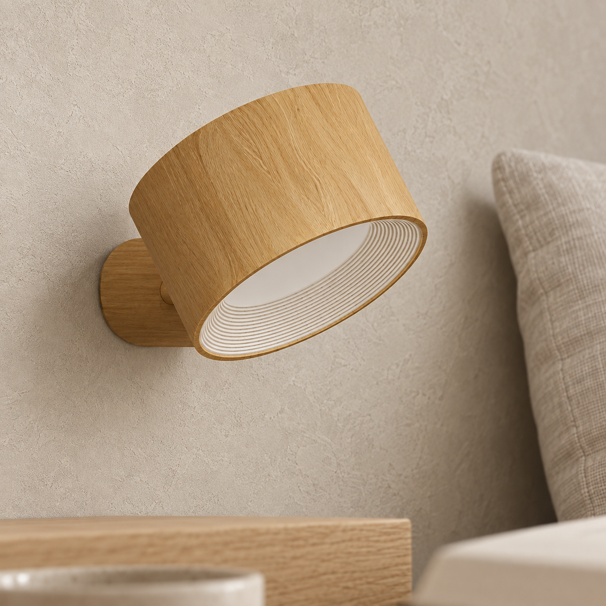 Caviloro LED wall sconce in wood effect unlit with concentric ridges above an entryway ledge