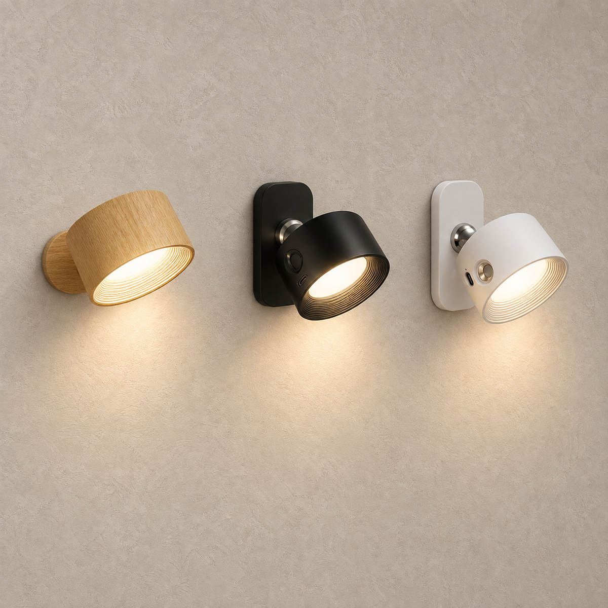 Caviloro rechargeable wall sconce in wood effect black and white lit side by side on greige plaster