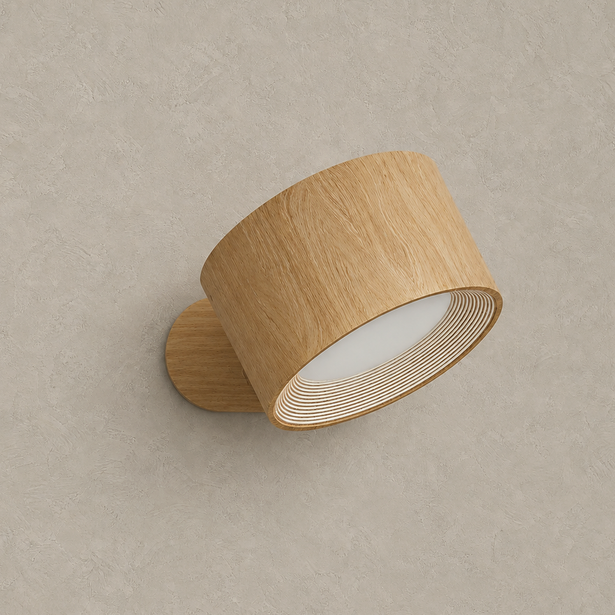 Caviloro rechargeable wall sconce in wood effect unlit against greige plaster