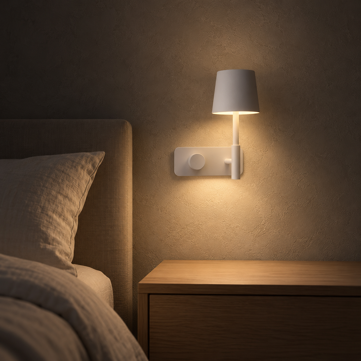 Cavolire white LED wall sconce giving dimmable warm light to the bedside plaster after dark