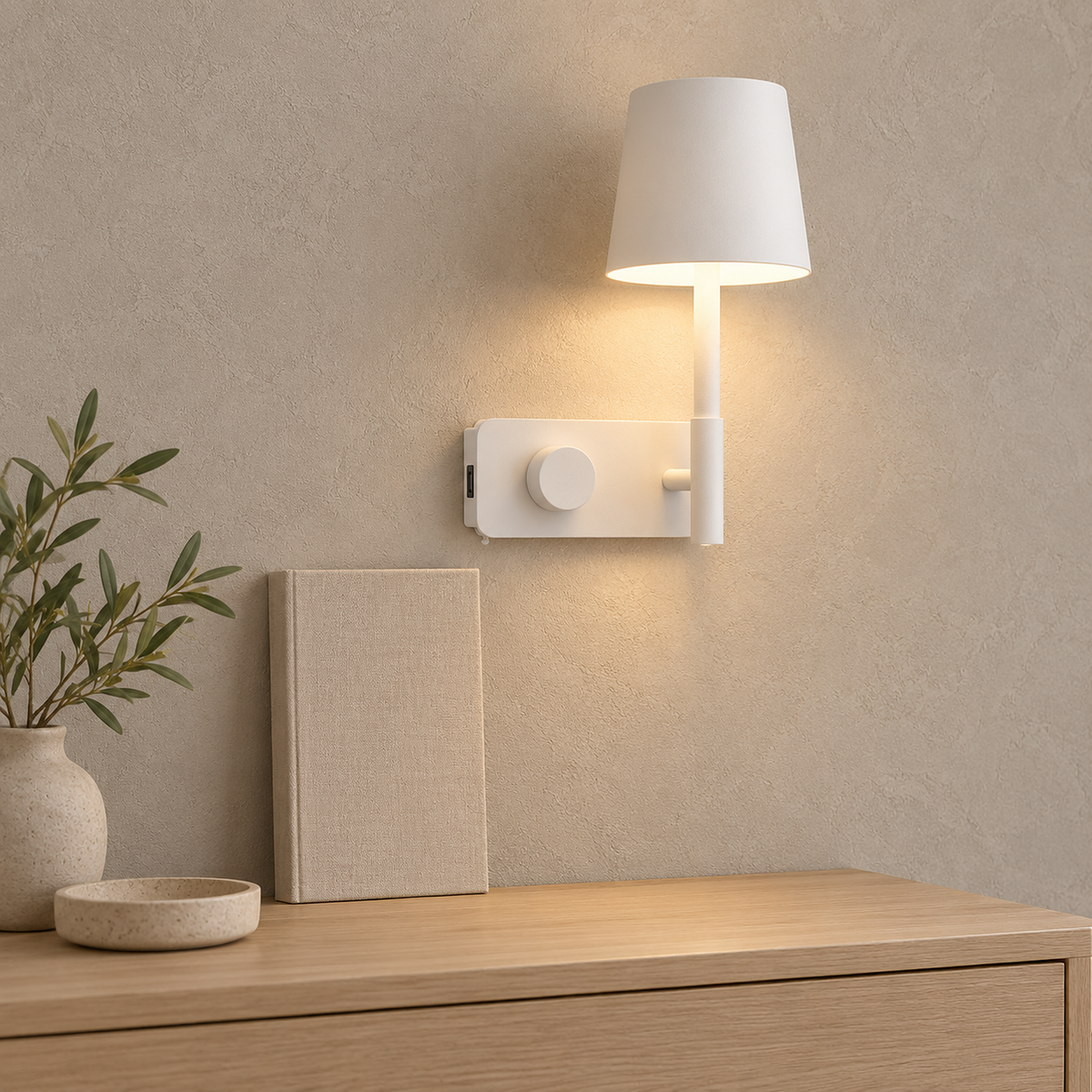 Cavolire white plug in wall lamp, lit, showing its USB port and circular knob switch above a bedroom console