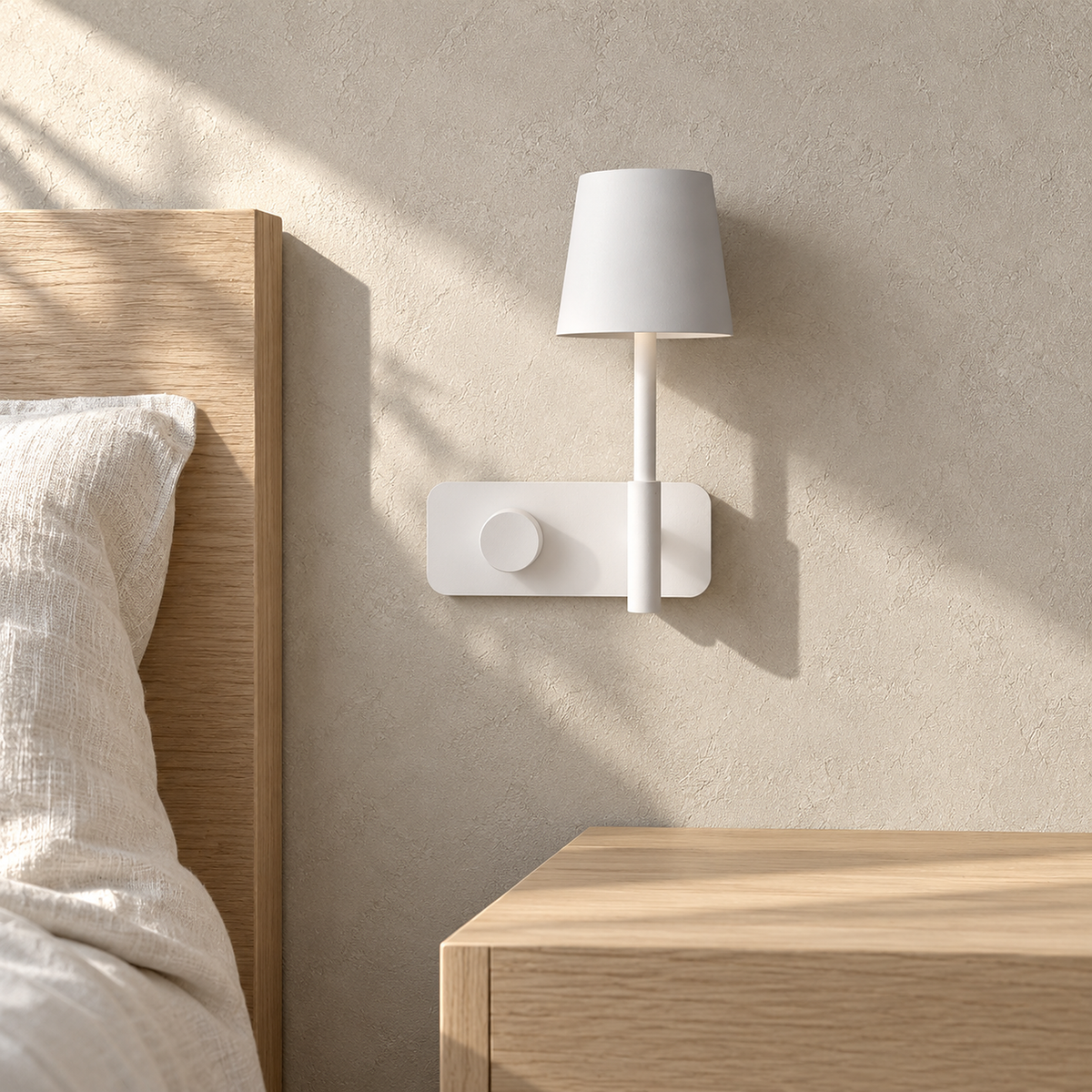 Cavolire white plug in wall light switched off beside a bedroom headboard in daylight