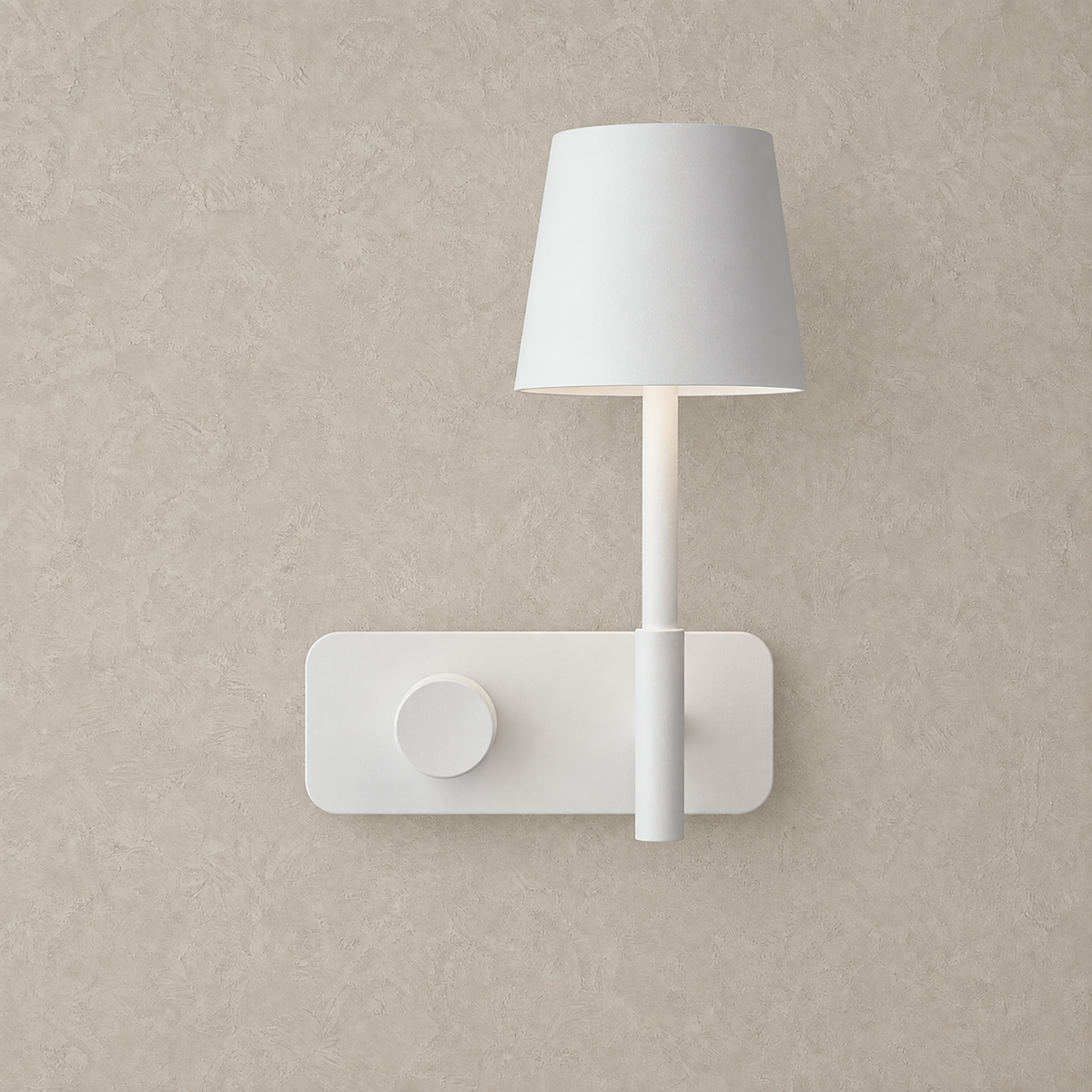 Cavolire white plug in wall sconce with iron shade and round knob on the backplate, switched off on a plaster wall