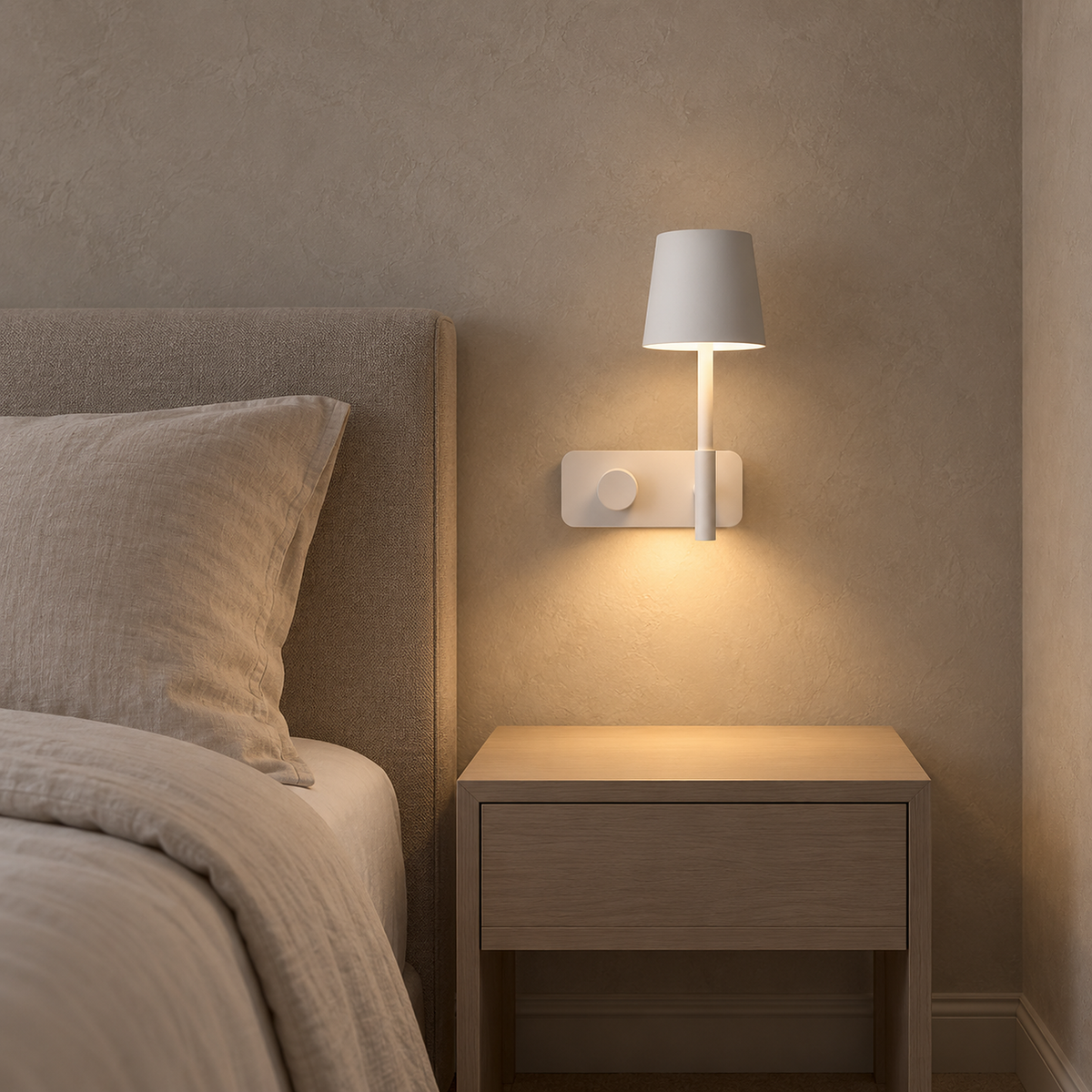 Cavolire white wall lamp glowing above a clear nightstand in a studio apartment sleeping nook