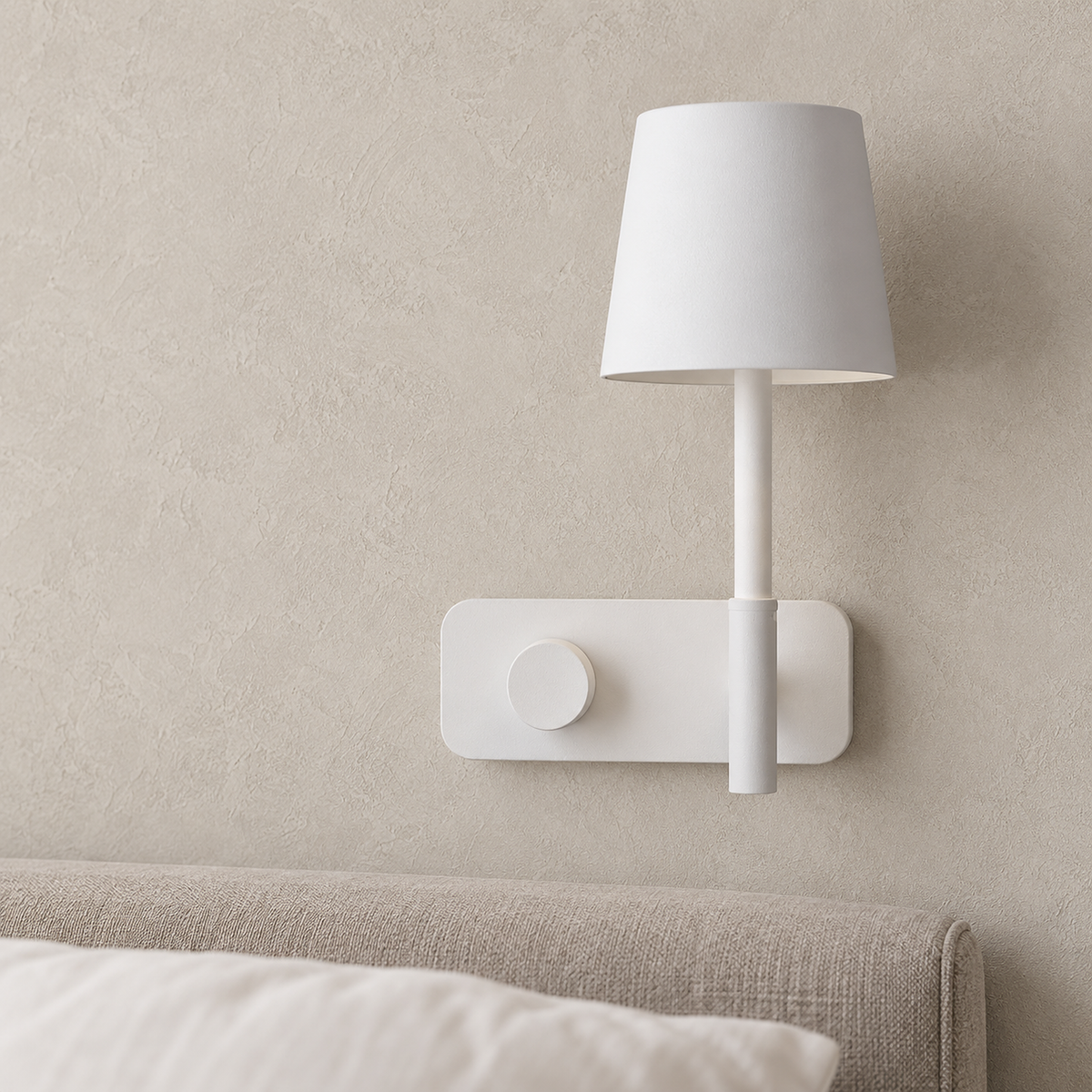 Cavolire white wall lamp shade rim and iron finish seen up close in a sunny bedroom