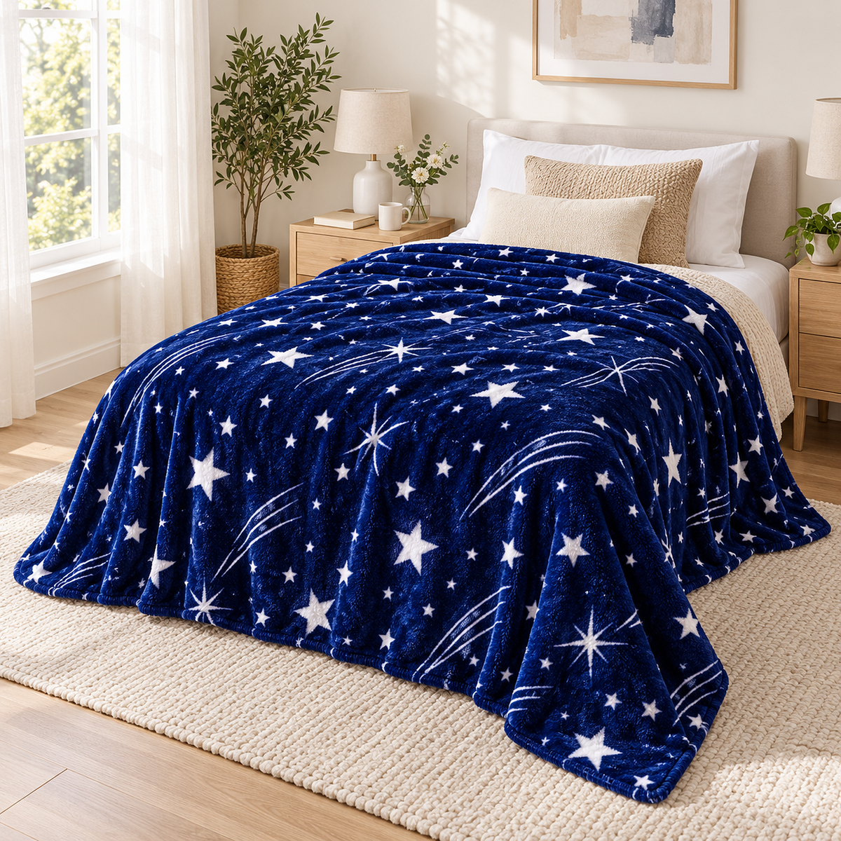 Celivaro star fleece throw blanket in navy blue and white spread across the bedding of a bright furnished bedroom