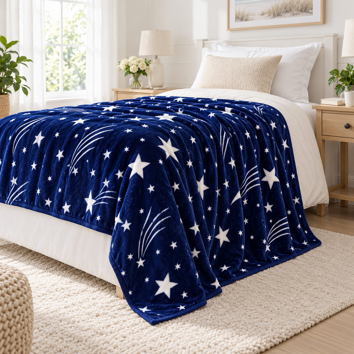Celivaro star fleece throw blanket in navy blue and white hanging in a single layer over the twin mattress edge
