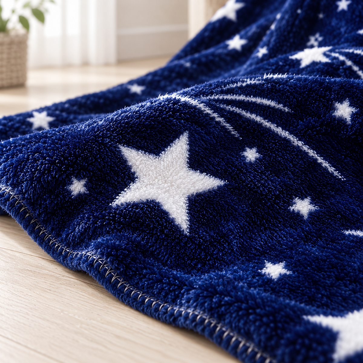 Celivaro star plush throw blanket in navy blue and white, close view of the navy pile around a white star