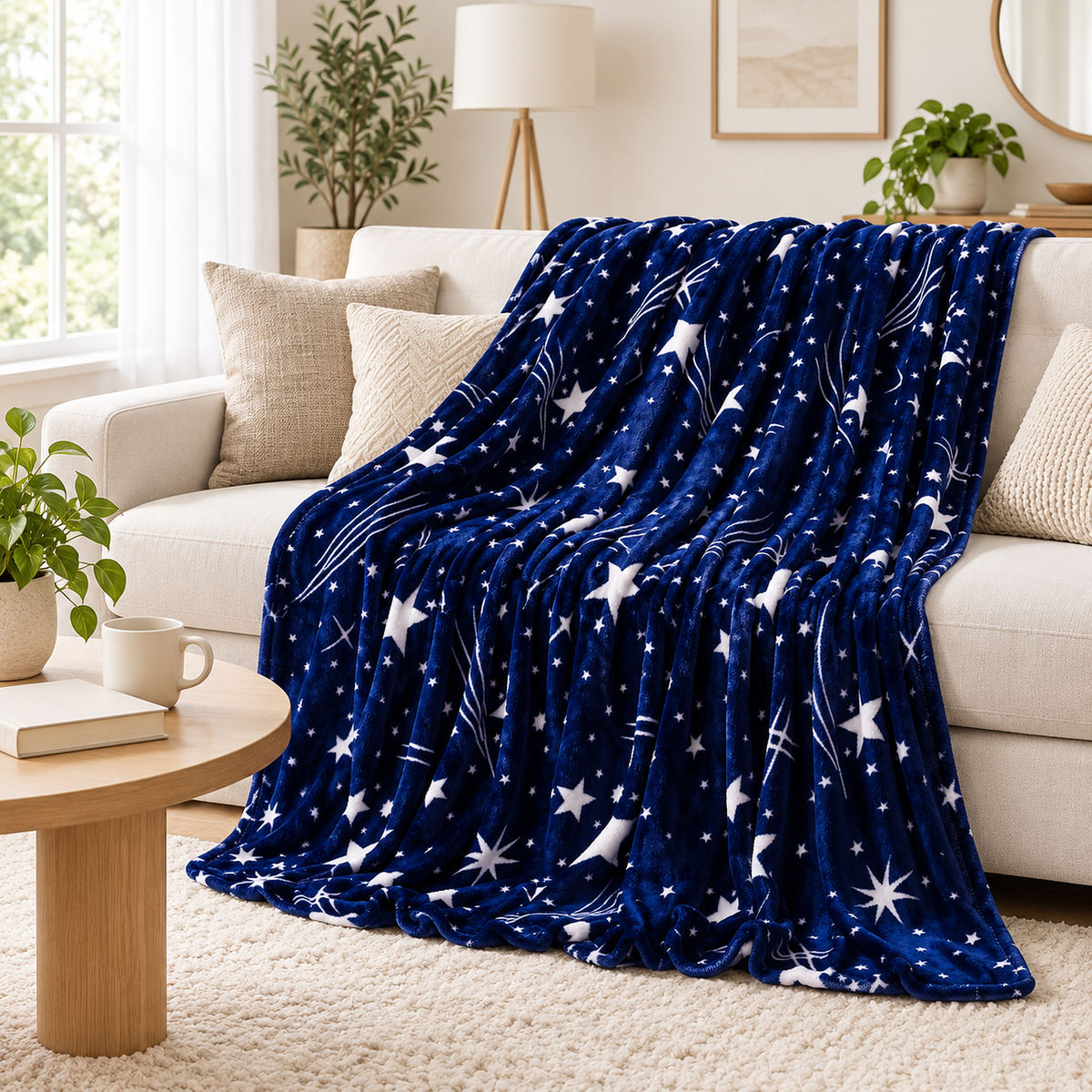 Celivaro star soft throw blanket in navy blue and white draped open across an ivory sofa in a bright living room