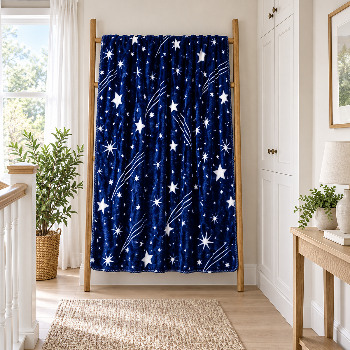 Celivaro star throw blanket in navy blue and white hung open on a wooden blanket ladder on a bright landing