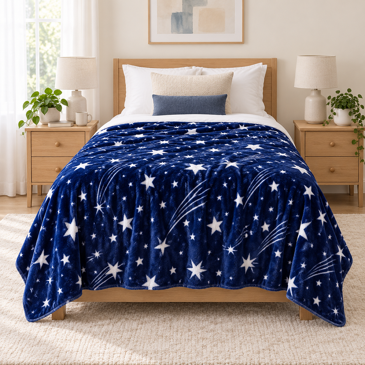 Celivaro star throw blanket in navy blue and white spread on a twin mattress with even drops on both sides