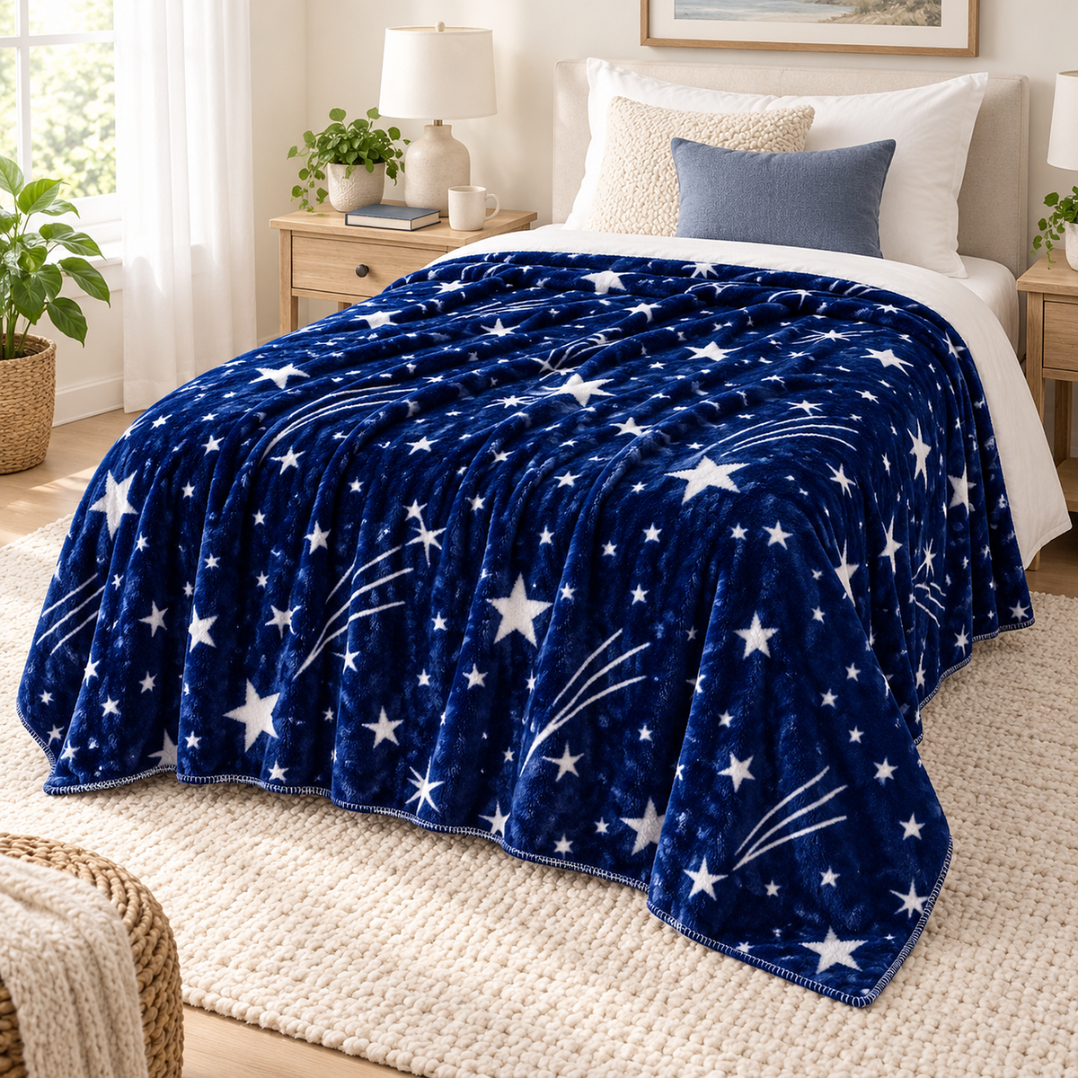 Celivaro star throw blanket in navy blue and white spread over a made twin bed in a daylit bedroom