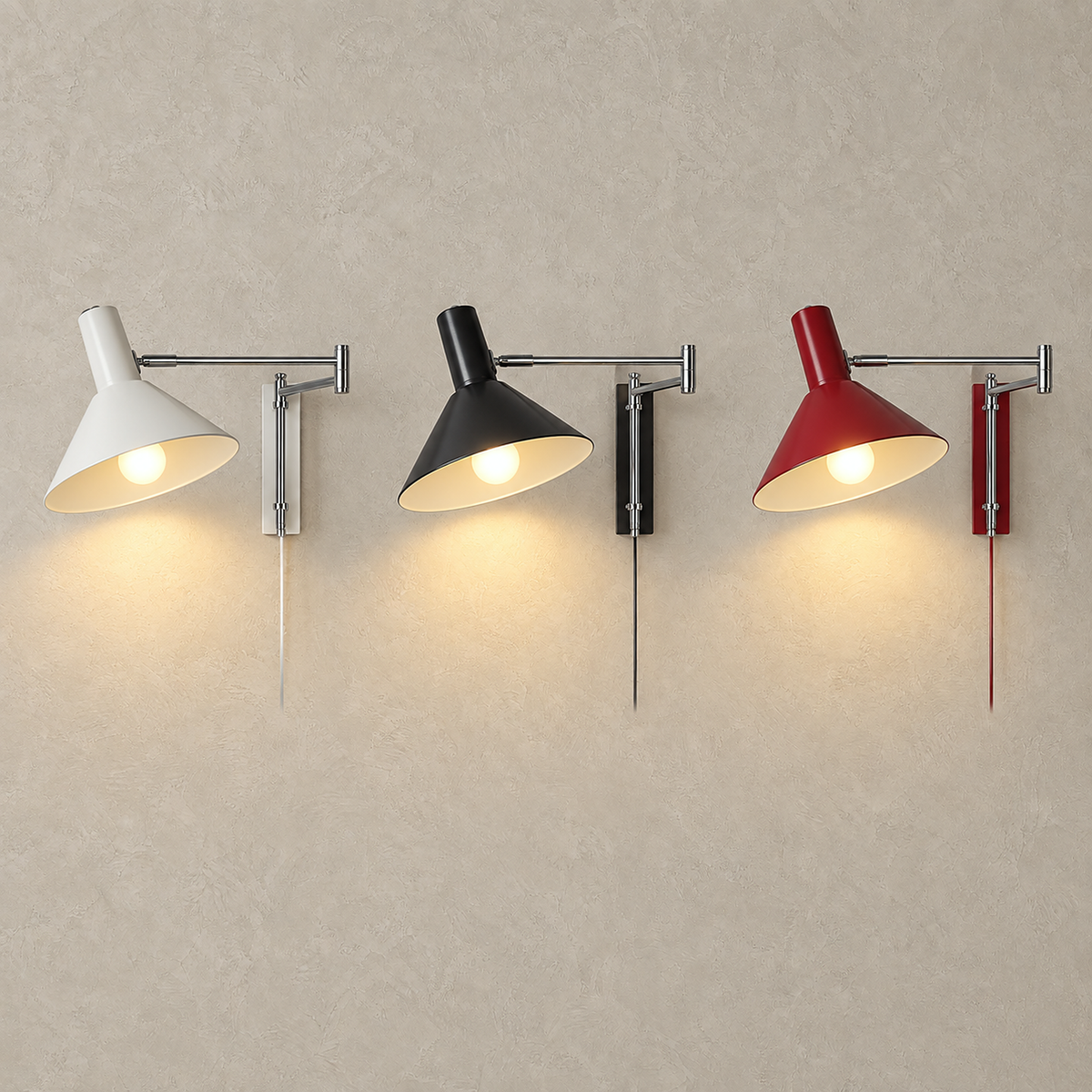 Celmoira bedside wall lights in white, black and red lit together on a plain background
