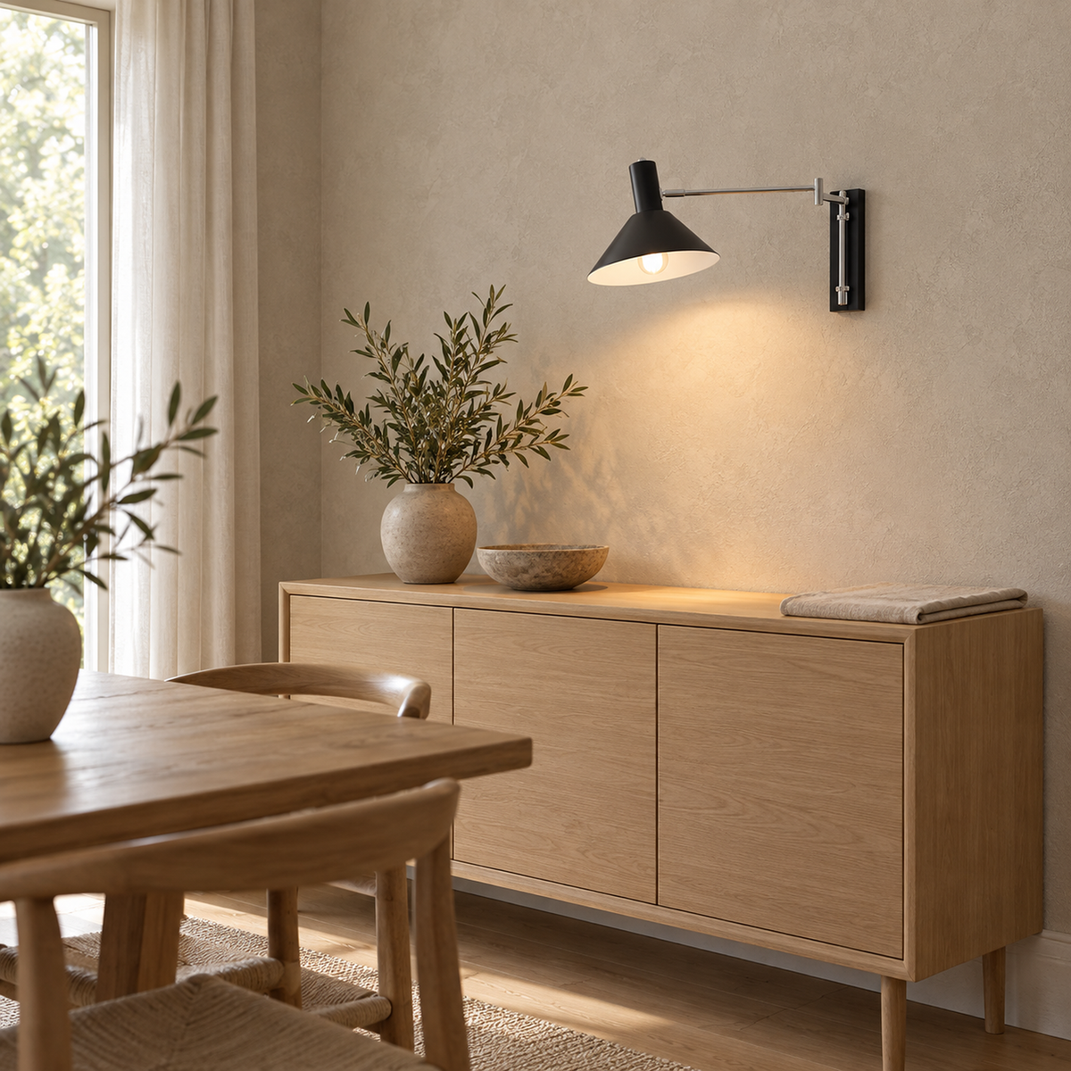 Celmoira black wall lamp lighting a dining room sideboard in daylight #color_black