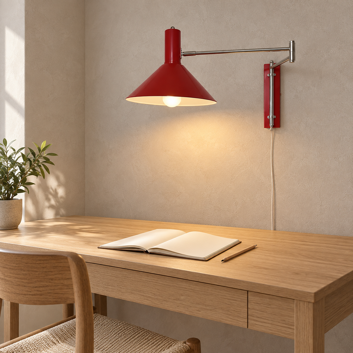 Celmoira red wall mounted bedside lamp casting light onto a notebook in a study #color_red