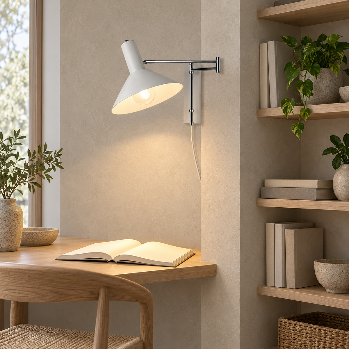 Celmoira white wall lamp narrow backplate lit beside study shelving in daylight
