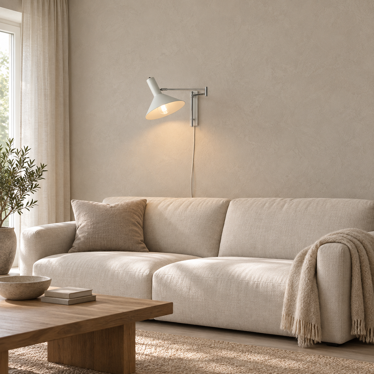 Celmoira white wall lamp on slender arms above a sofa in a daylit living room