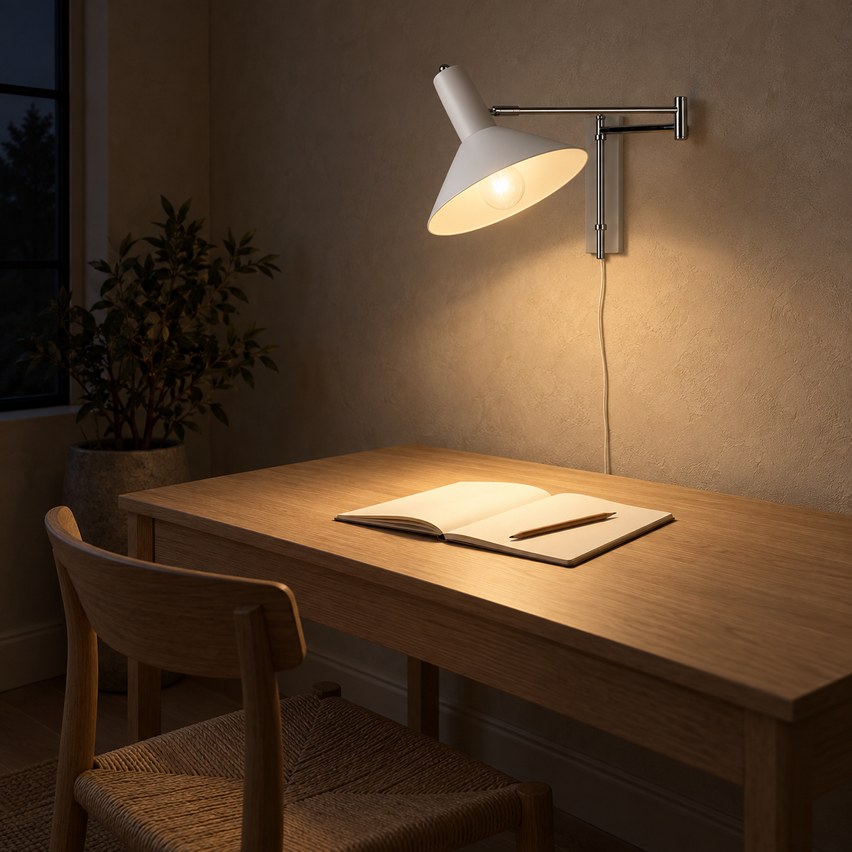 Celmoira white wall mounted bedside lamp casting light across a notebook in a study at night