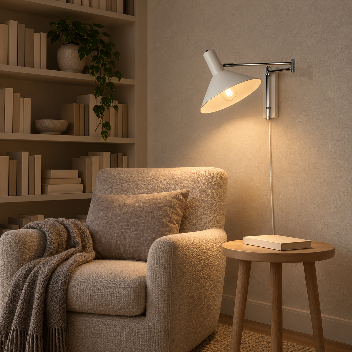 Celmoira white wall light reaching over a reading chair in a library corner