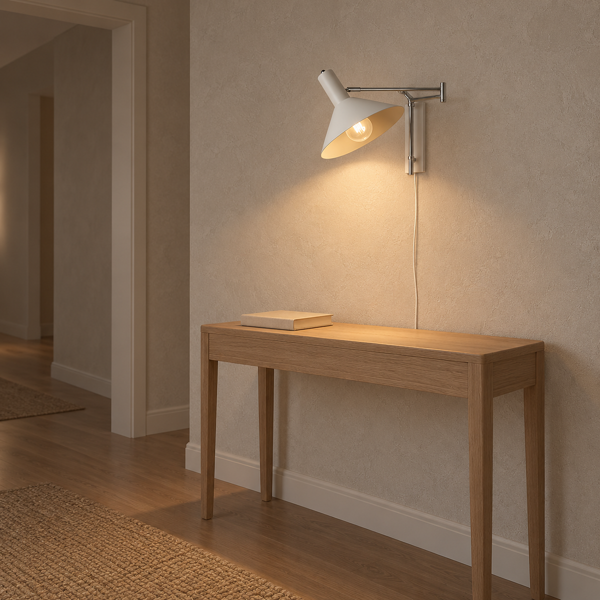 Celmoira white wall sconce in a hallway showing its installed bulb inside the cone