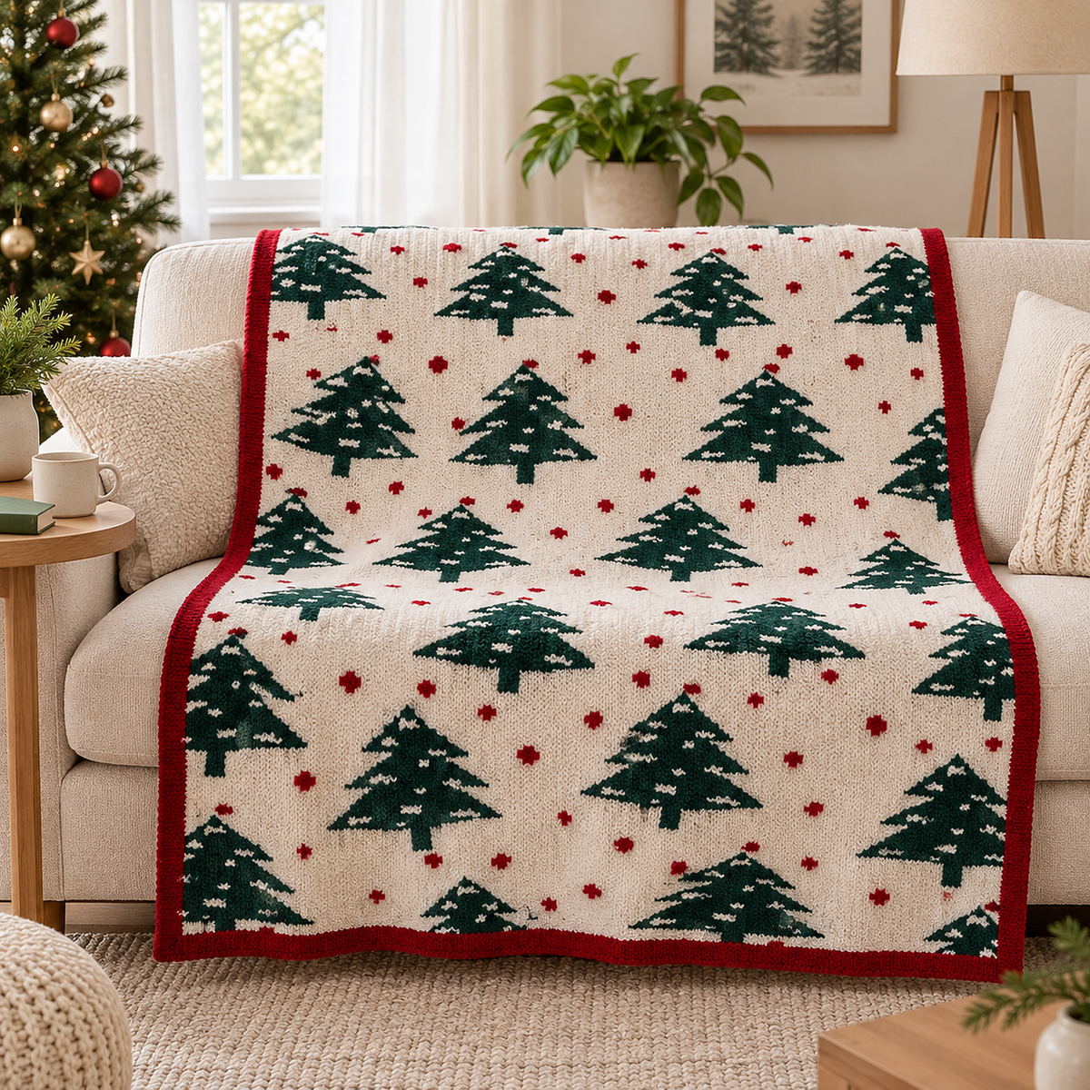 Celvano xmas green tree throw blanket for couch draped over an ivory loveseat in a living room
