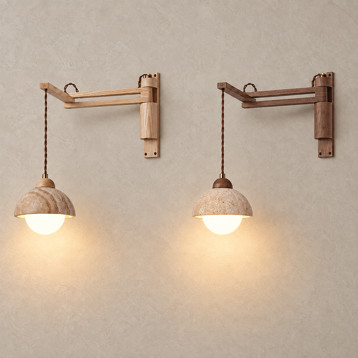 Cenaltro wall sconce in wood color and walnut wood lit side by side for a finish comparison