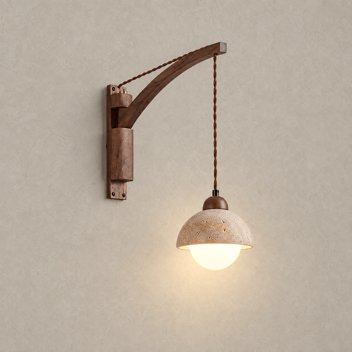 Cenaltro walnut wood travertine wall sconce lit alone on a plain plate with the long 31 cm arm #color_walnut wood