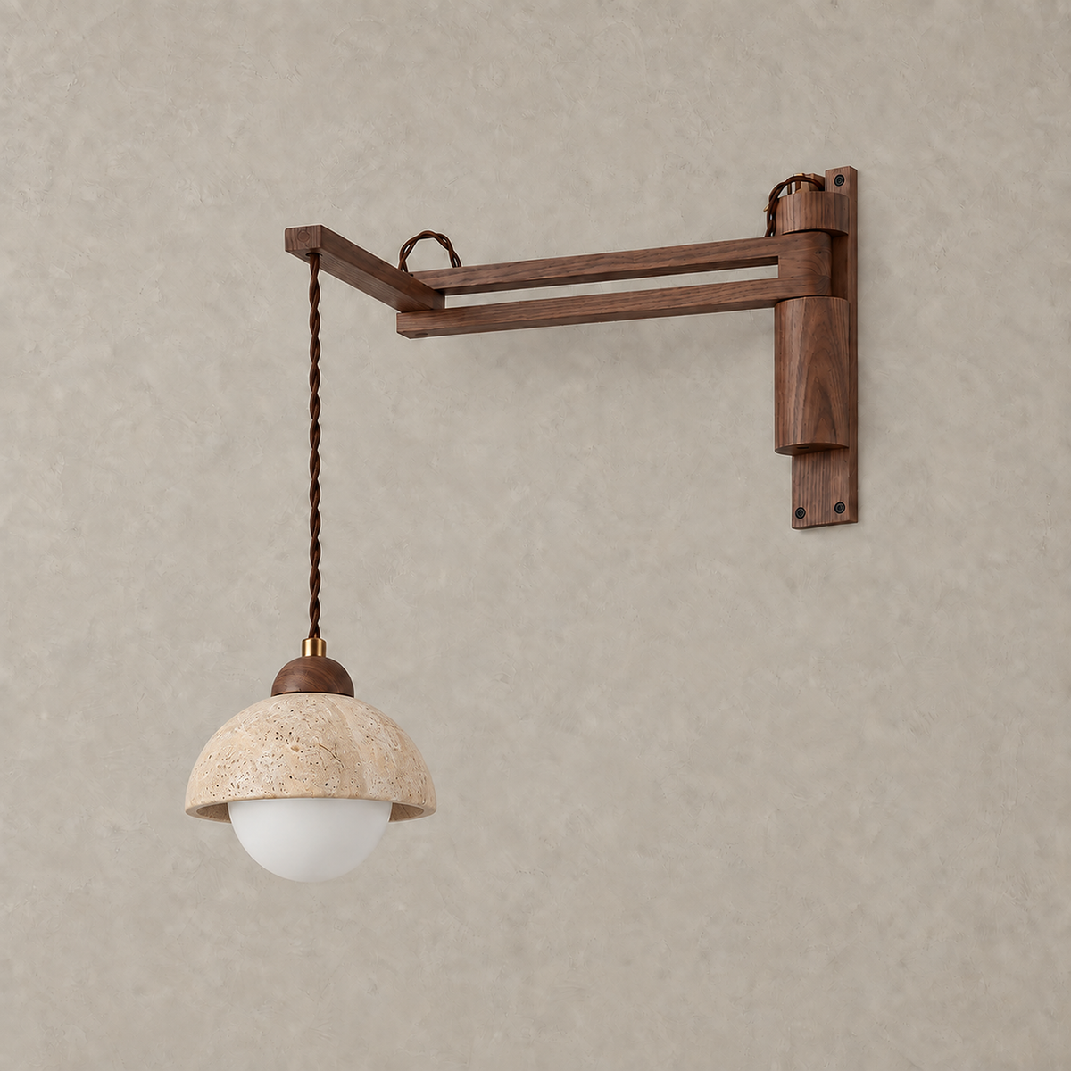 Cenaltro walnut wood travertine wall sconce unlit on a plain plate with the jointed arm #color_walnut wood