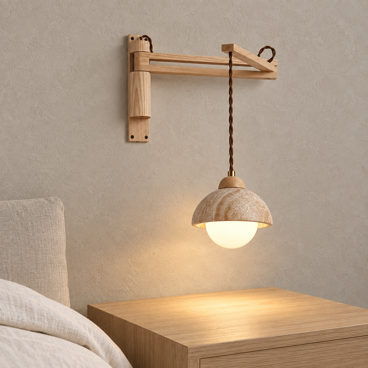 Cenaltro wood color wall sconce lit above a daybed table in a bright studio nook