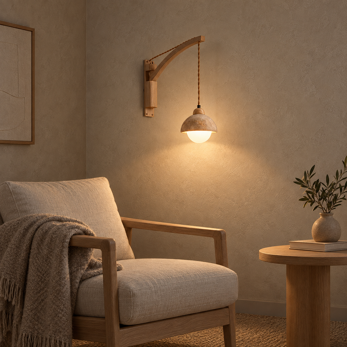 Cenaltro wood color wall sconce on a jointed arm glowing above a library reading chair