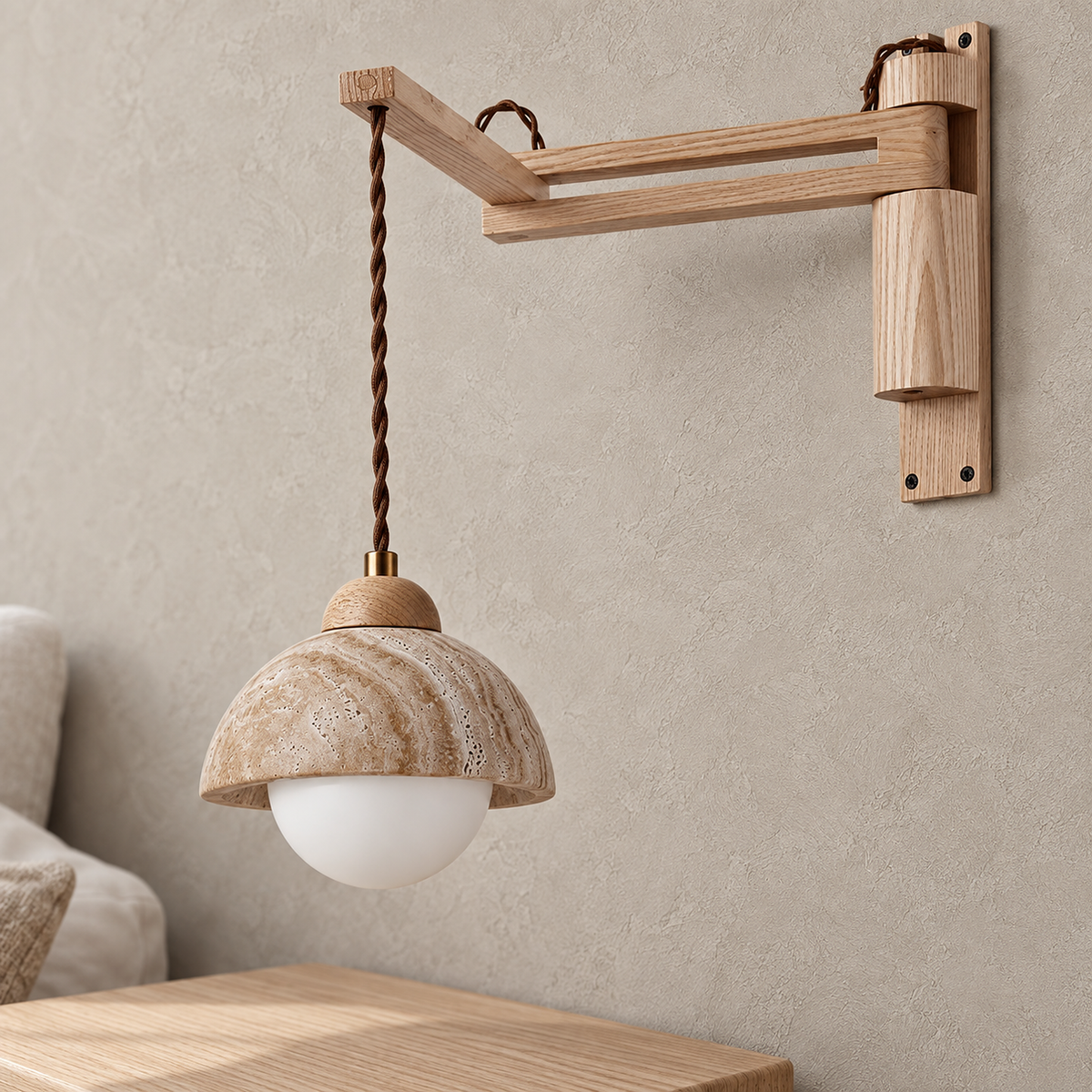 Cenaltro wood color travertine wall sconce close up of the stone shade and the unlit bulb