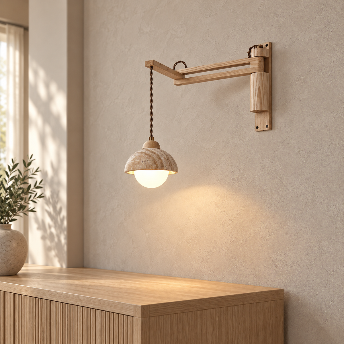 Cenaltro wood color travertine wall sconce detail of the hardwired wall mounted arm lit