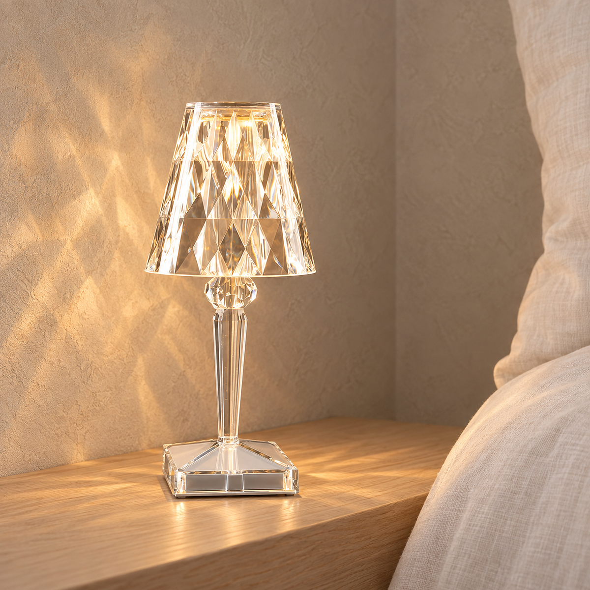 Cerilan clear bedside lamp lit beside ivory guest bedding in a daylit sleeping alcove