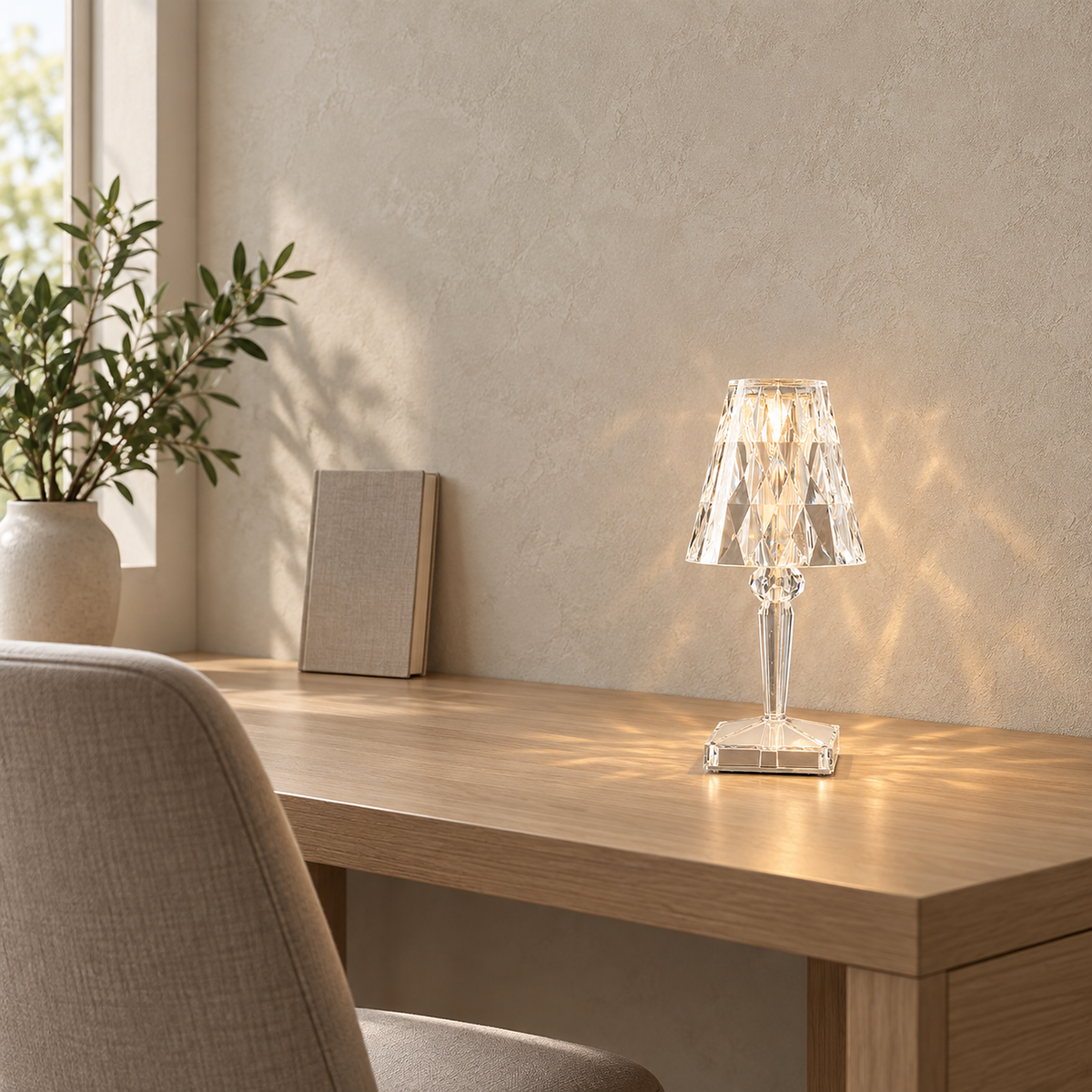 Cerilan clear glass table lamp standing freely and lit on a home office desk