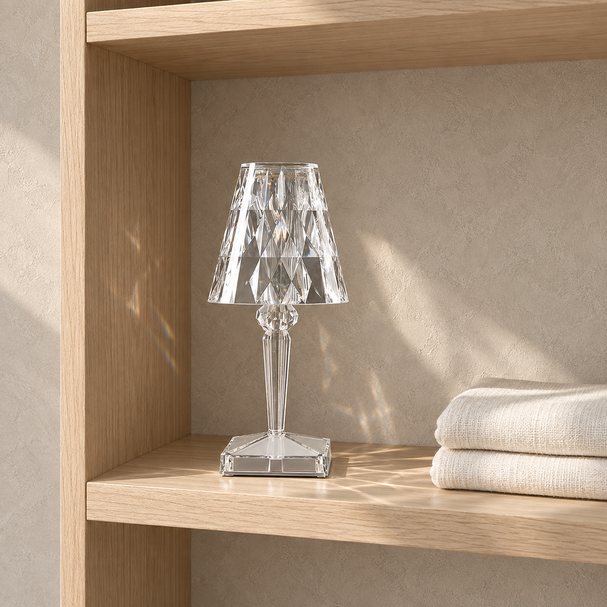 Cerilan clear table lamp unlit on an open dressing room shelf catching sunlight