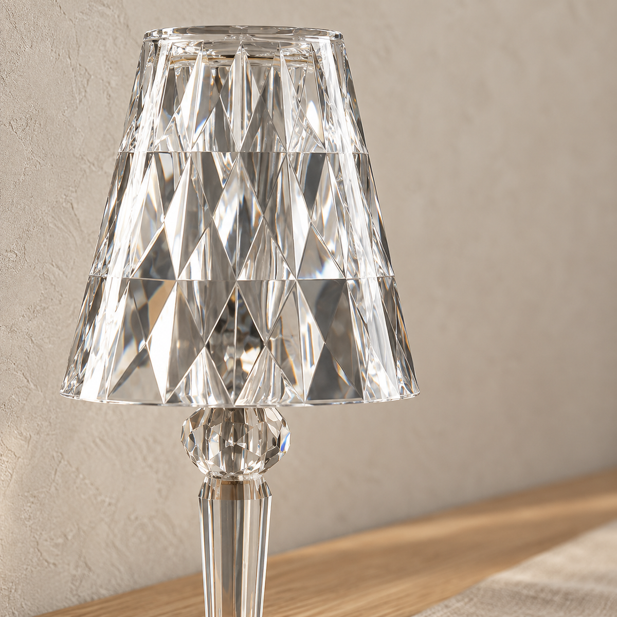 Cerilan clear table lamp close up on the faceted clear shade and rounded collar