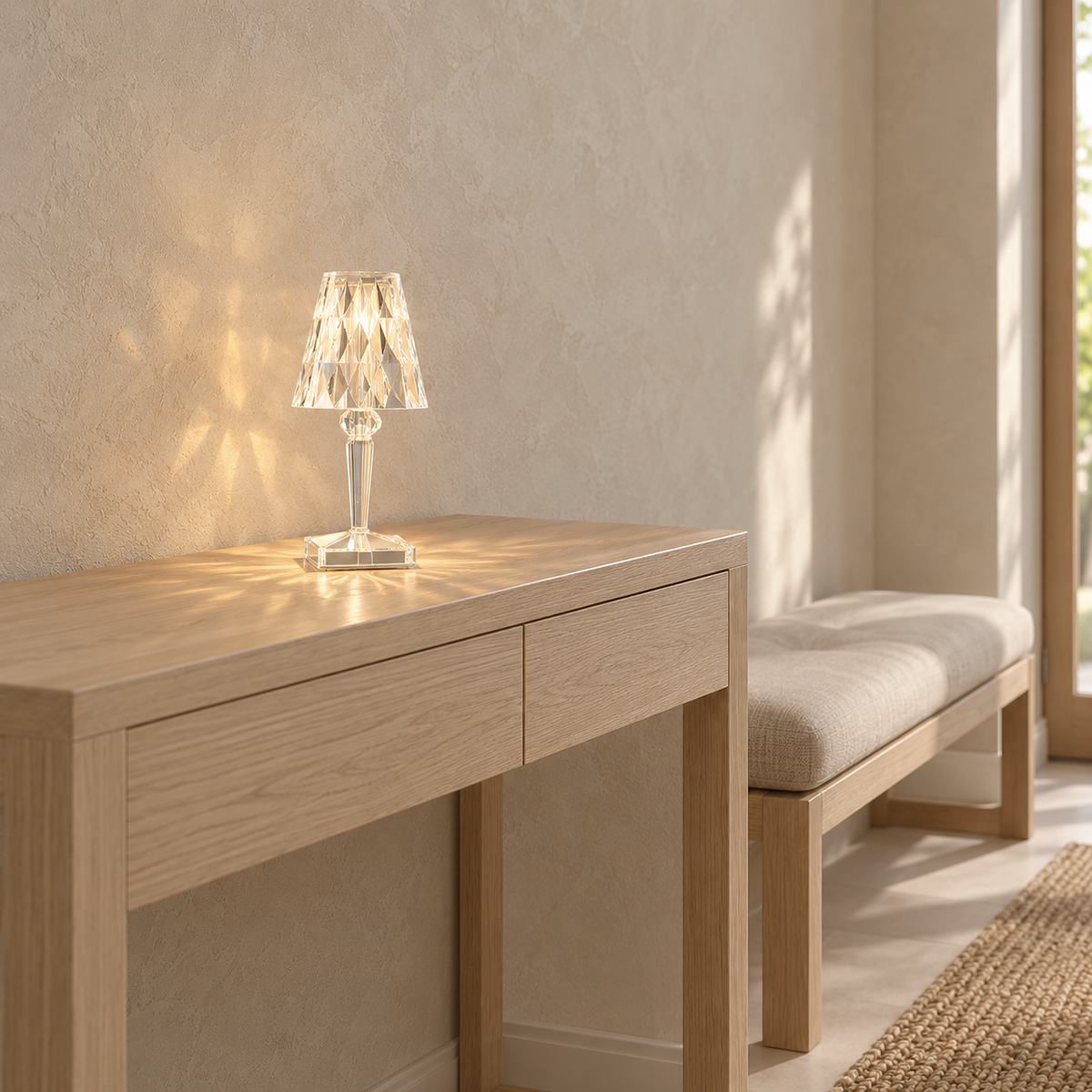 Cerilan clear table lamp lit on a daylit entryway console