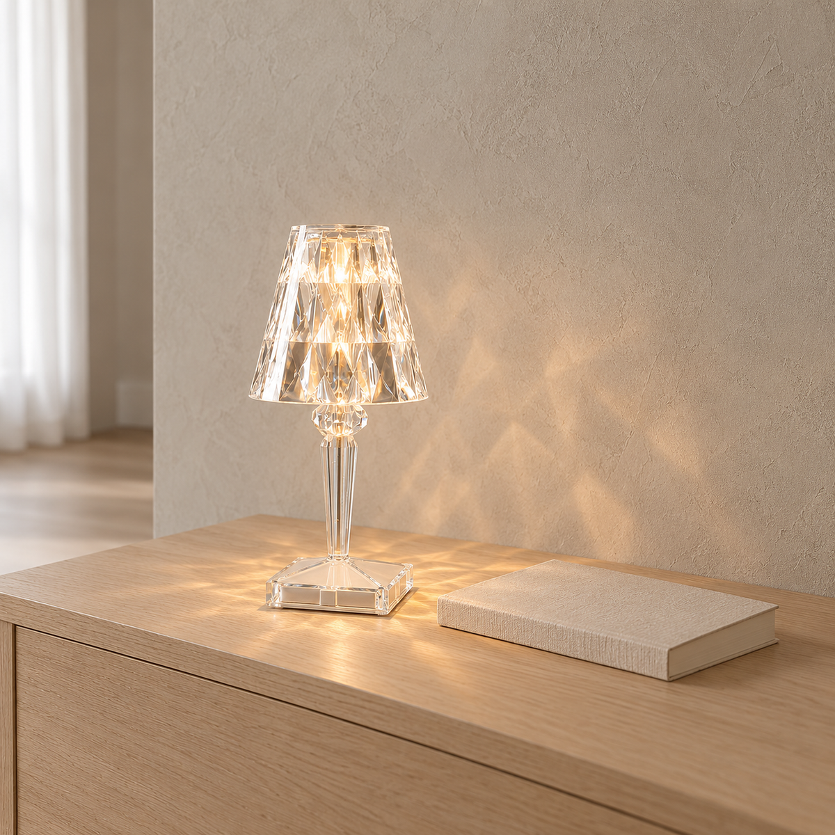 Cerilan clear table lamp lit on an entryway console, standing on its own