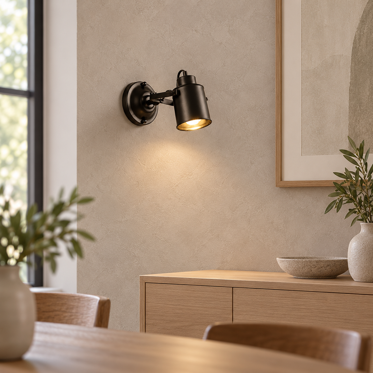 Cerimalo black plug in wall light lit in a dining room, seen from below into the shade