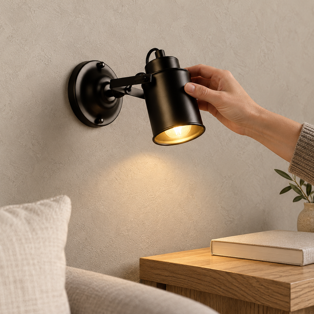 Cerimalo black wall light above a clutter free living room side table