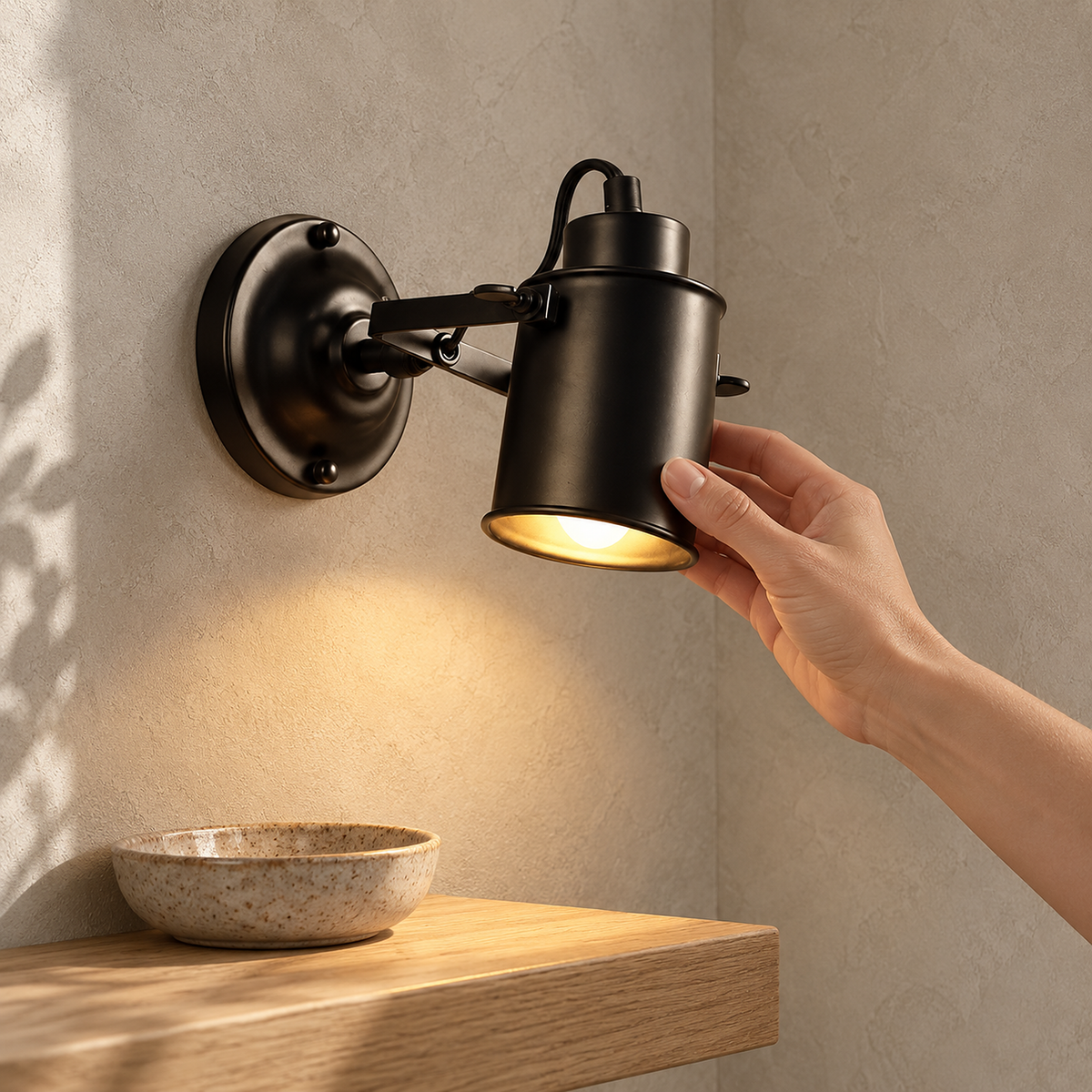 Cerimalo black wall light with its round 10 cm backplate beside an entry ledge