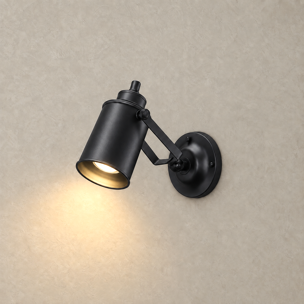 Cerimalo black wall sconce switched on, casting a downward glow from the shade