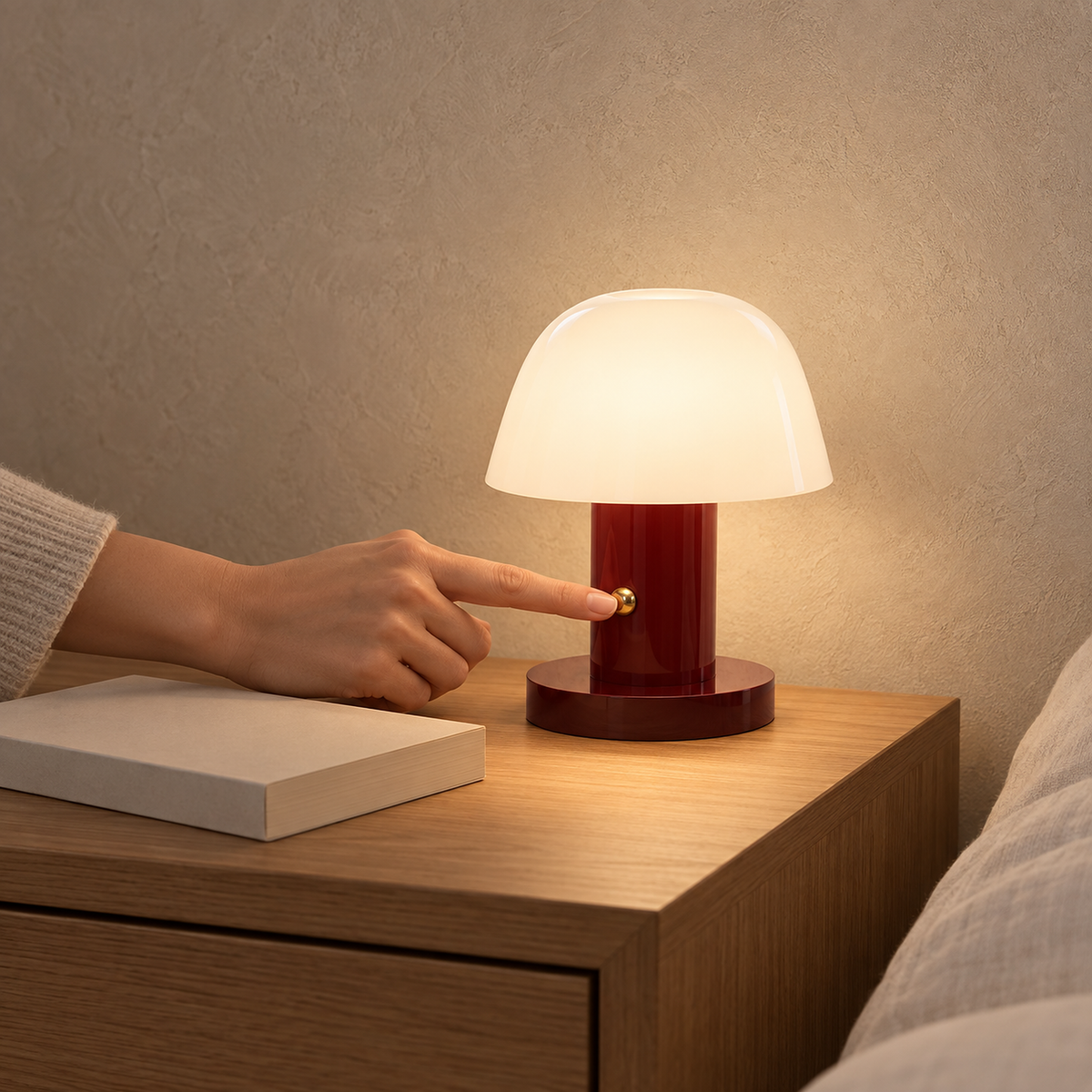 Cesarno red + deep red bedside lamp touched at the stem beside a closed paperback