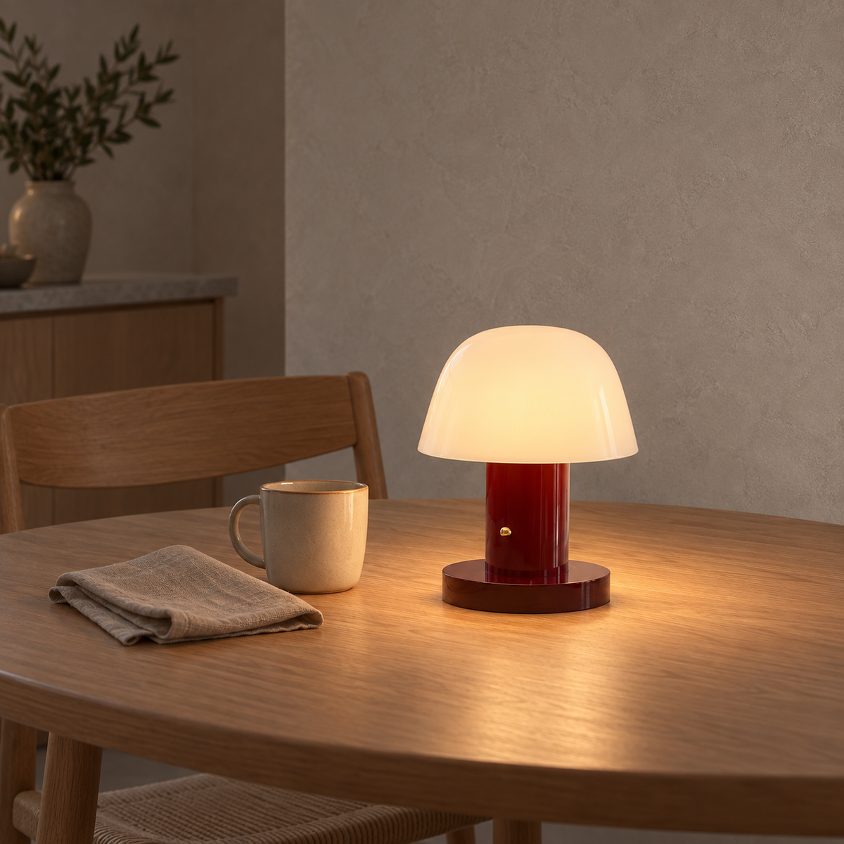 Cesarno red + deep red cordless table lamp lit on a kitchen table in afternoon light