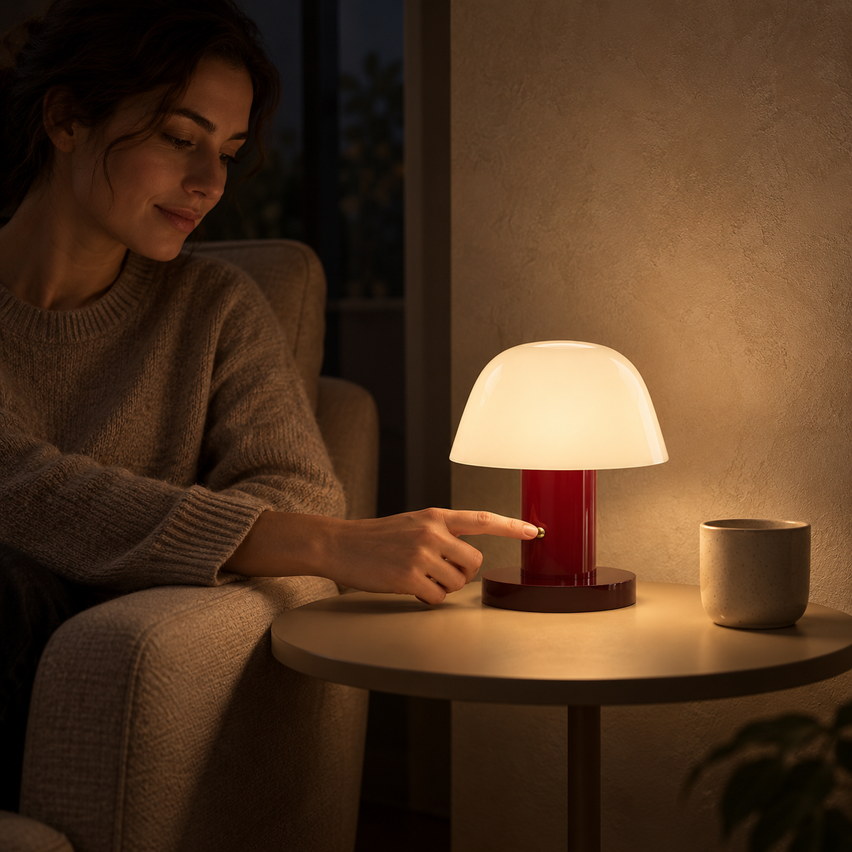 Cesarno red + deep red portable table lamp touched for low evening snug side table light